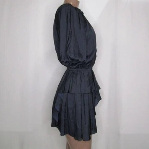 NEW ZADIG & VOLTAIRE Mini Encre Blue Size L Romina Satin V-Neck Elastic Waist - Picture 4 of 9